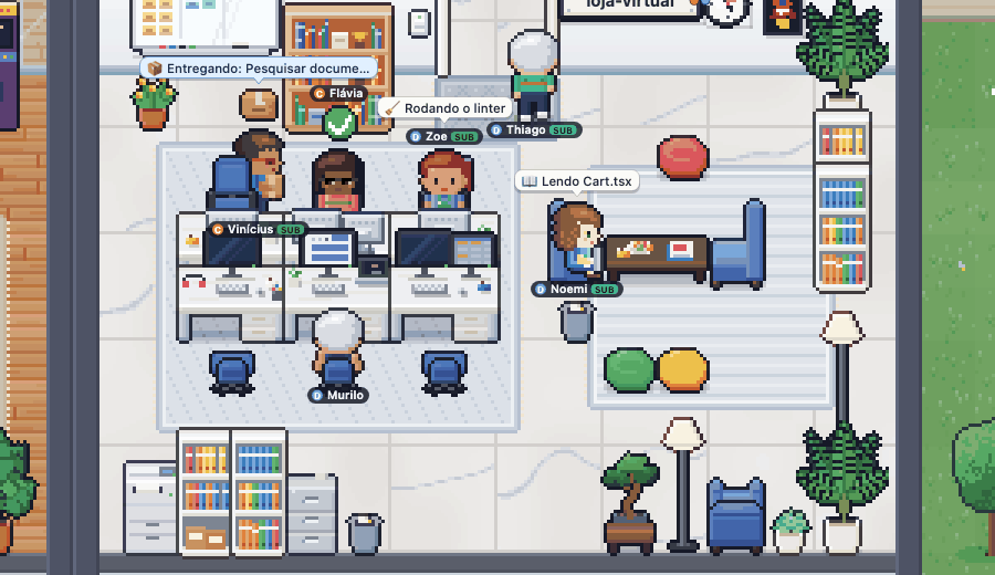 Sala do escritório em pixel art: personagens digitando nas mesas, subagentes com crachá e balões mostrando o que cada um faz